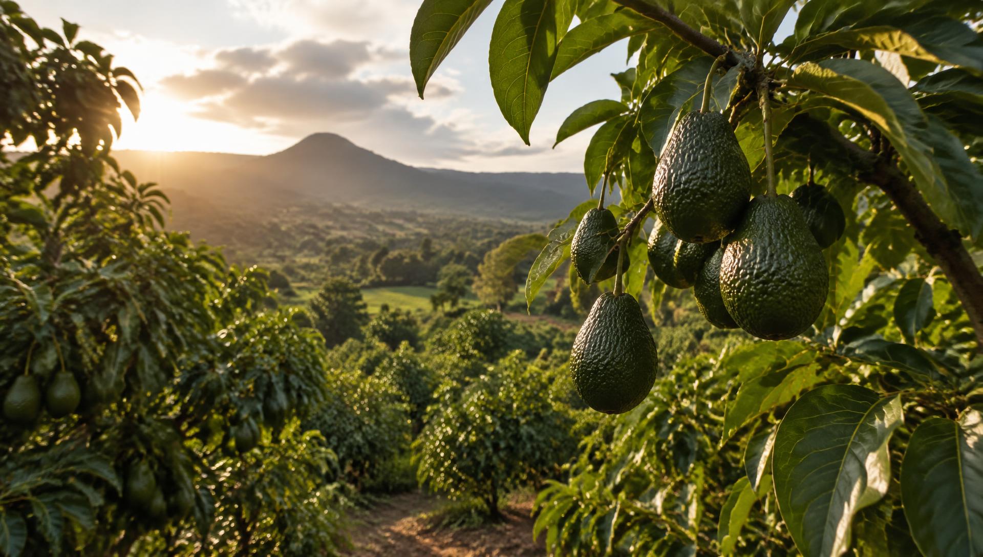 Hass avocados ripening in a sunlit Kenyan orchard
