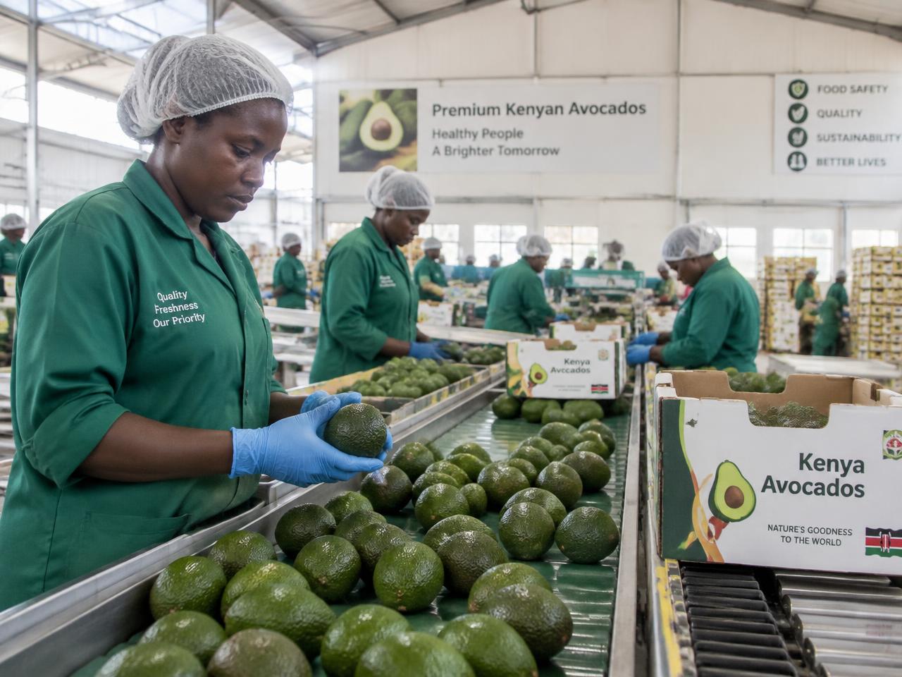 Avocados being graded and packed at a Kenyan export packhouse