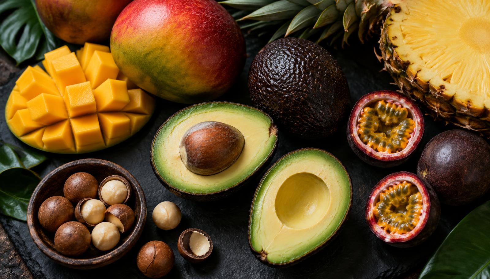 Fresh Kenyan avocados, mangoes, passion fruit and macadamia nuts