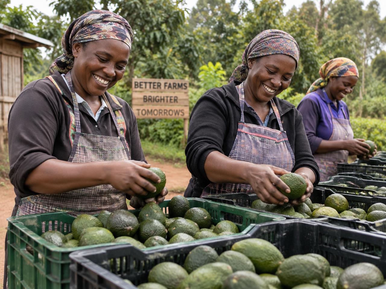 Women farmers sorting freshly harvested avocados in Kenya
